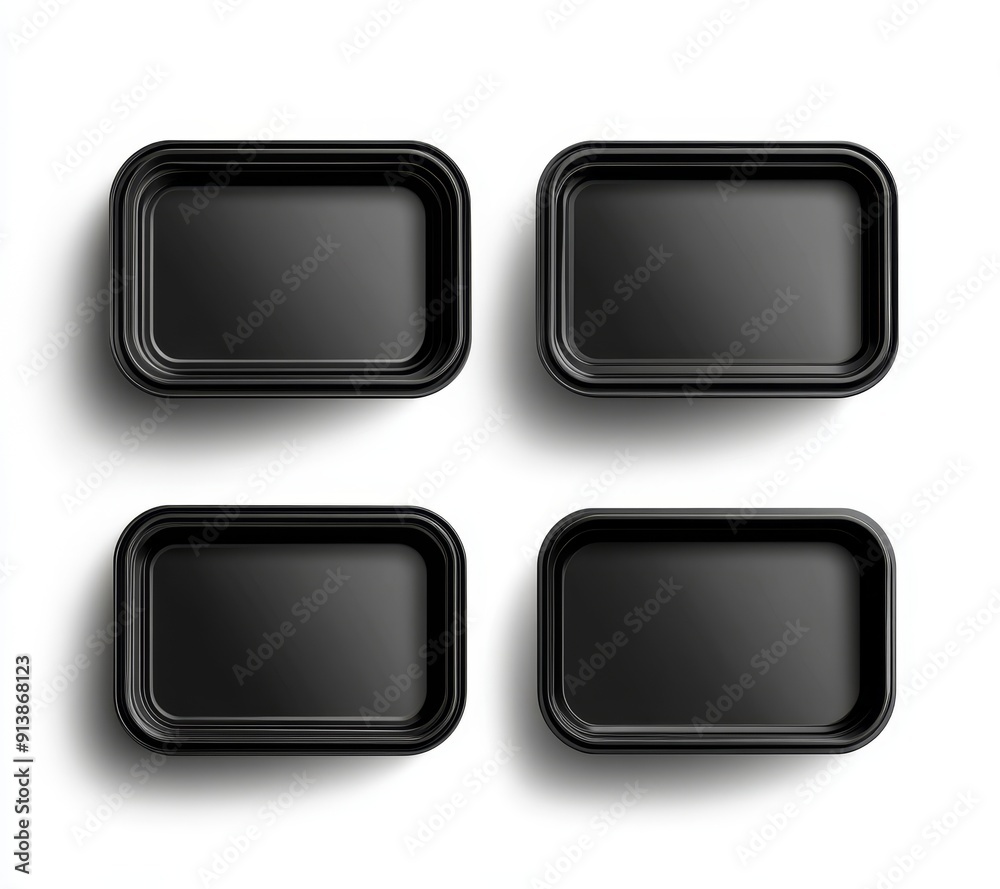 A black food tray box. Mockup of an empty container package for product packaging. A 3D isolated meal plate with polyethylene for supermarket branding. A blank retail market storage shelf for lunch. A black food tray box. Mockup of an empty container package for product packaging. A 3D isolated meal plate with polyethylene for supermarket branding. A blank retail market storage shelf for lunch.