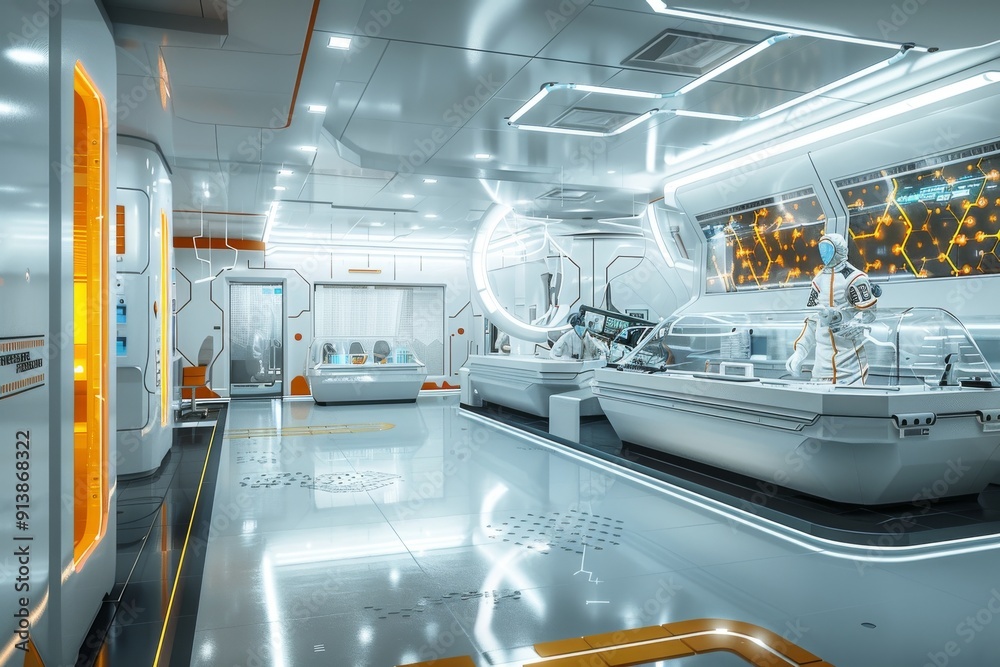 Obraz premium Scientists working in a futuristic high-tech laboratory with advanced equipment and protective suits