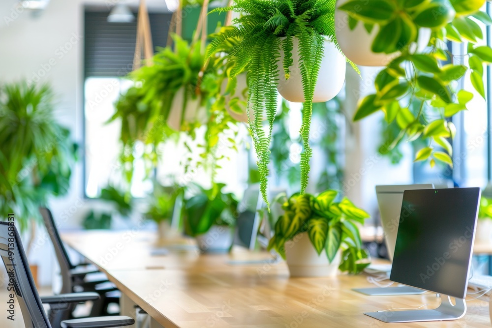 Fototapeta premium A modern office workspace adorned with hanging and desk plants, featuring natural wood finishes