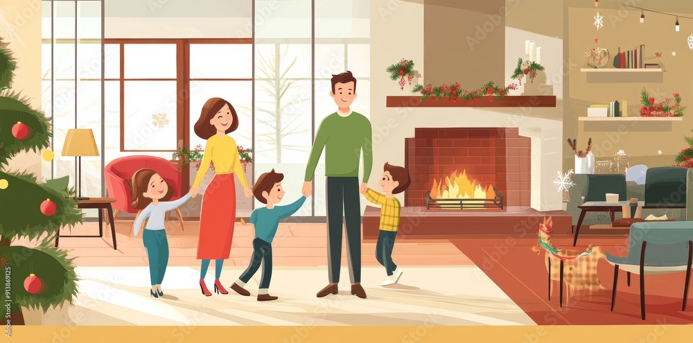 Children and man smiling in a home hall room interior with an entrance door and window, stairs and a decorated Christmas tree in the back. Cartoon modern illustration of a winter Xmas holiday family Children and man smiling in a home hall room interior with an entrance door and window, stairs and a decorated Christmas tree in the back. Cartoon modern illustration of a winter Xmas holiday family