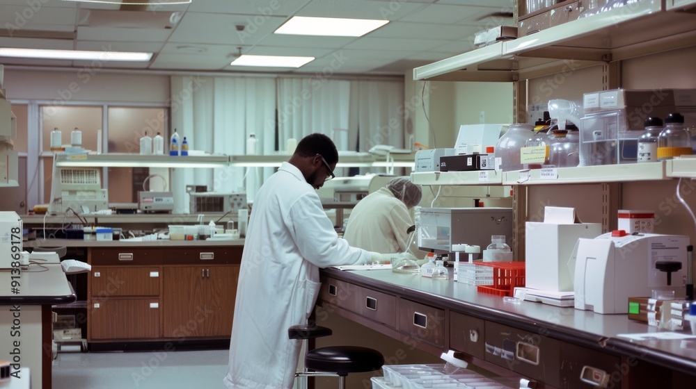 Scientists in lab coats work diligently in a bright laboratory filled with equipment, symbolizing dedication and scientific progress. Scientists in lab coats work diligently in a bright laboratory filled with equipment, symbolizing dedication and scientific progress.