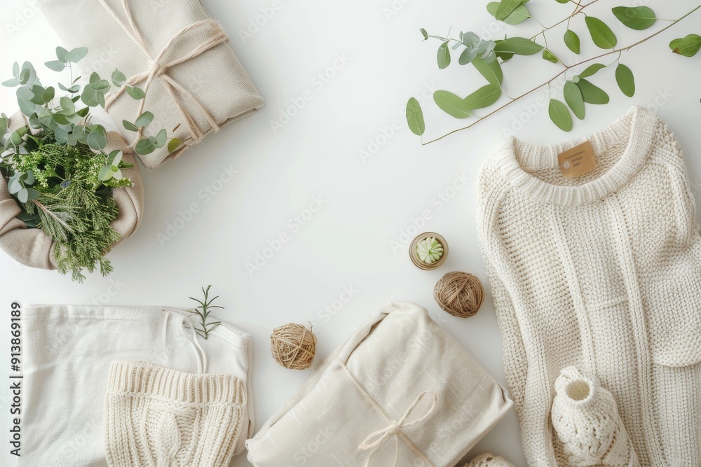 Minimalist flat lay of eco-friendly and natural home essentials on white background Minimalist flat lay of eco-friendly and natural home essentials on white background
