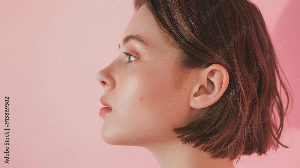 A young woman with short hair showcases a profile shot against a pastel pink background, highlighting her natural and elegant beauty with subtle lighting. A young woman with short hair showcases a profile shot against a pastel pink background, highlighting her natural and elegant beauty with subtle lighting.