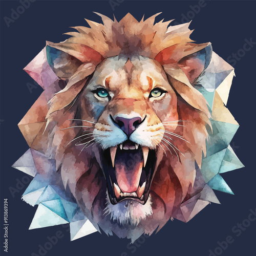 Close Up Of A Roaring Lion's Head Watercolor Illustration