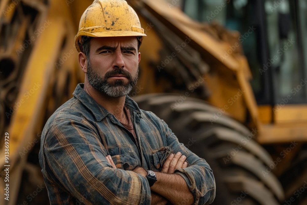 Confident construction worker standing in front of heavy machinery, arms crossed, with a look of determination, representing strength and resilience Confident construction worker standing in front of heavy machinery, arms crossed, with a look of determination, representing strength and resilience
