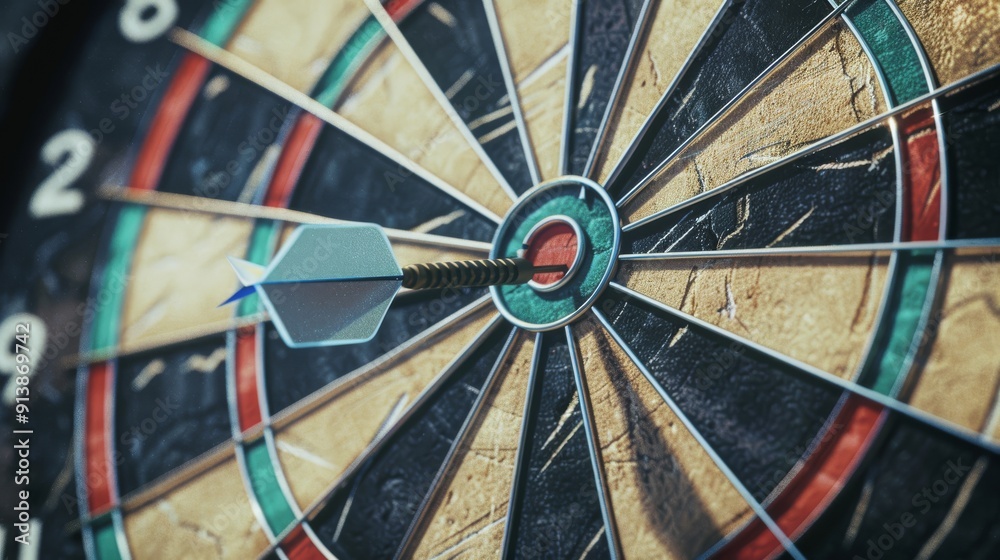 A sharp dart pierces the bullseye of a worn dartboard, symbolizing precision, goal achievement, and excellence. A sharp dart pierces the bullseye of a worn dartboard, symbolizing precision, goal achievement, and excellence.