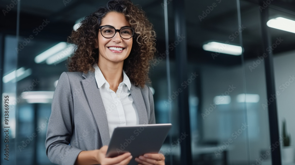 A smiling woman in her late forties with curly hair and glasses, wearing professional attire holding an iPad while standing at the office desk in front of laptop computer. A smiling woman in her late forties with curly hair and glasses, wearing professional attire holding an iPad while standing at the office desk in front of laptop computer.