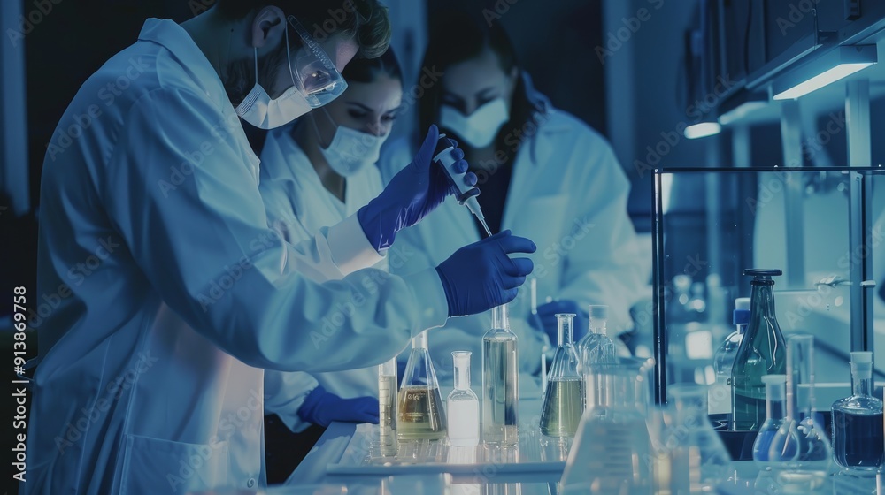 Scientists in white lab coats and masks conduct experiments in a modern lab, surrounded by beakers and scientific equipment under blue-tinted light. Scientists in white lab coats and masks conduct experiments in a modern lab, surrounded by beakers and scientific equipment under blue-tinted light.
