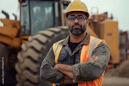 Confident construction worker standing in front of heavy machinery, arms crossed, with a look of determination, representing strength and resilience 