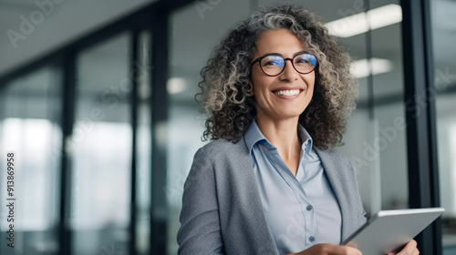  A smiling woman in her late forties with curly hair and glasses, wearing professional attire holding an iPad while standing at the office desk in front of laptop computer. 