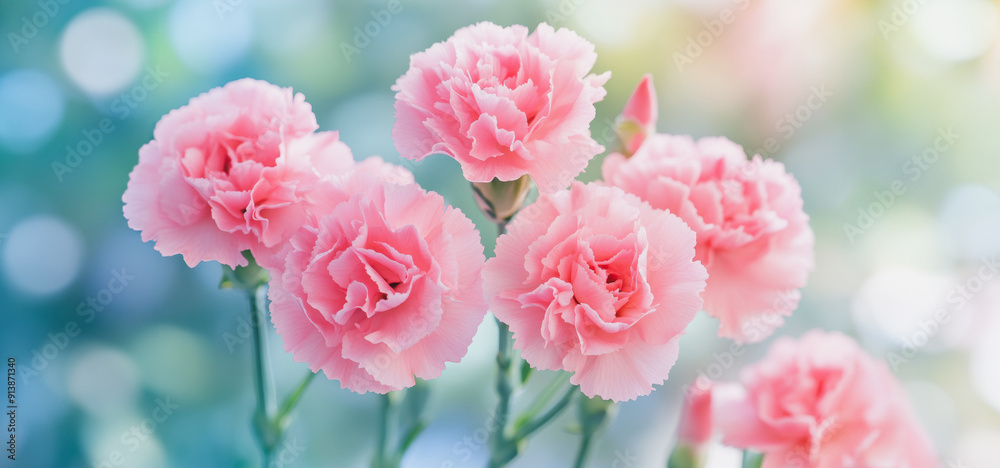 Beautiful Pink Carnations Blooms in Soft Focus With Natural Light Background Beautiful Pink Carnations Blooms in Soft Focus With Natural Light Background