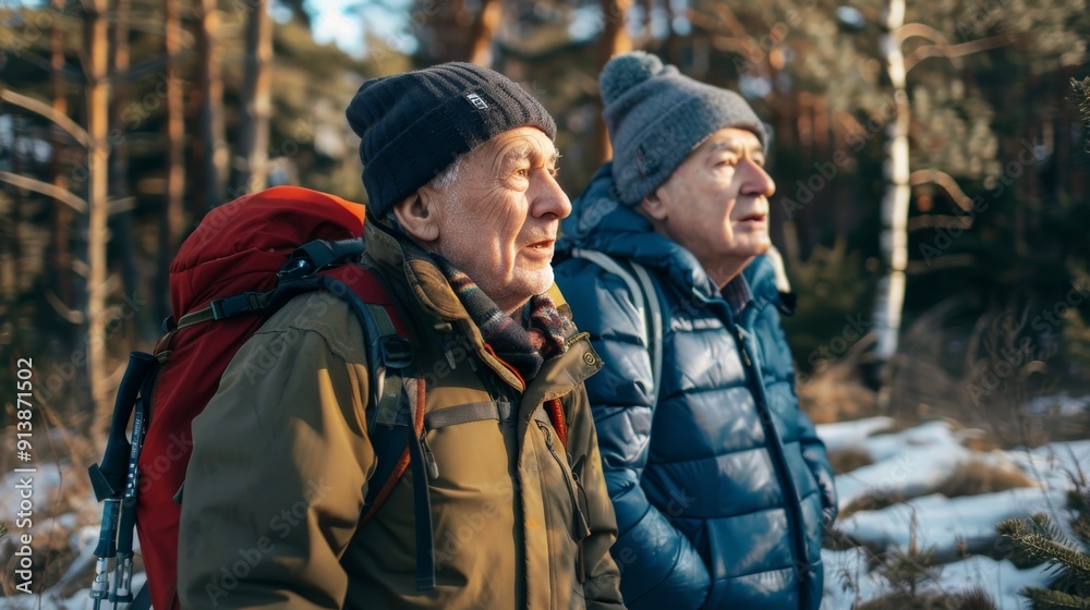 Two elderly men, dressed warmly in jackets and hats, gaze up enjoying the serene, wintry forest as they hike together. Two elderly men, dressed warmly in jackets and hats, gaze up enjoying the serene, wintry forest as they hike together.