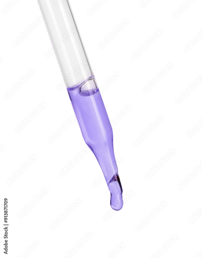 Dropper with violet cosmetic oil on white background Dropper with violet cosmetic oil on white background