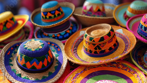 This vibrant image showcases a collection of colorful, intricately designed sombreros.