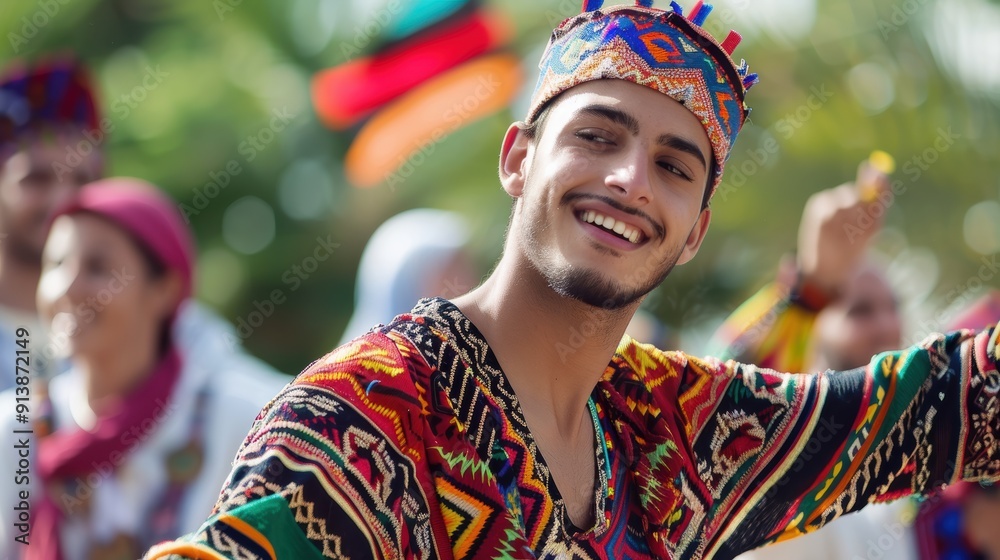 Obraz premium Surrounded by vibrant decorations and a festive atmosphere, a joyful man in colorful traditional attire dances energetically at a cultural festival.