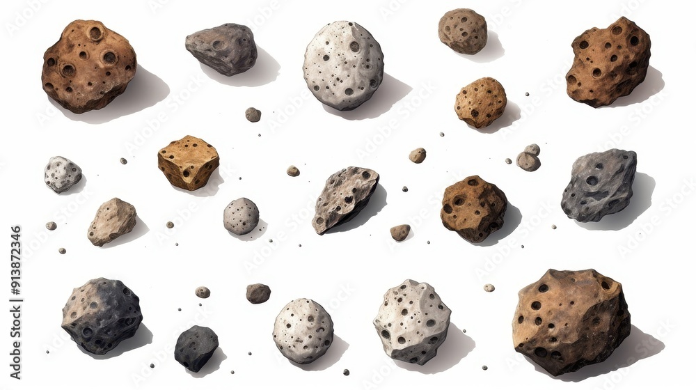 Collection of different asteroids and meteors on a white background, variery of planets Collection of different asteroids and meteors on a white background, variery of planets