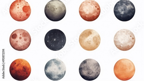 Collection of different unknown planets, different shapes and sizes on a white background