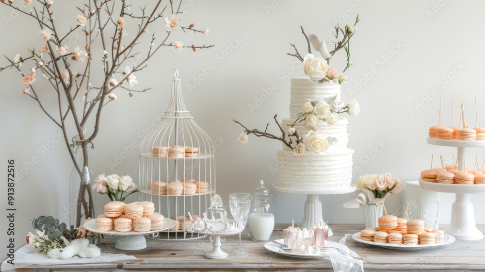 Elegant Wedding Dessert Table with Macarons and a White Cake Elegant Wedding Dessert Table with Macarons and a White Cake