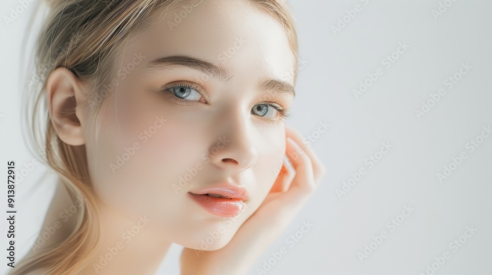 A young woman with porcelain-like skin gazes softly at the camera, her expression reflecting innocence and tranquility in a minimalistic setting. A young woman with porcelain-like skin gazes softly at the camera, her expression reflecting innocence and tranquility in a minimalistic setting.