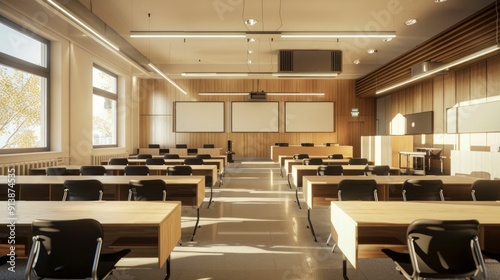 Empty Classroom with Wooden Desks and Chairs