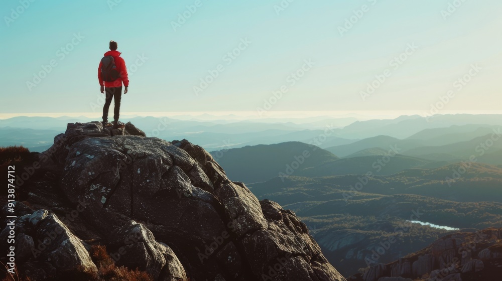 Fototapeta premium An explorer in a red jacket stands on a rocky cliff, gazing over expansive, mountainous terrain under a clear sky.