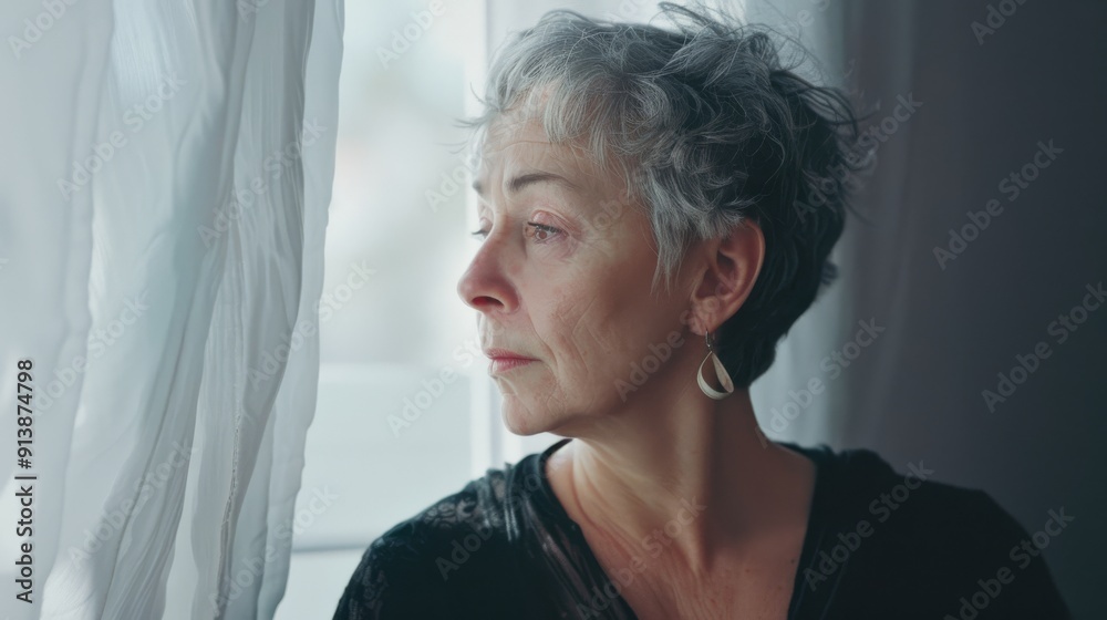 An elderly woman with short grey hair gazes calmly out a window, the soft light illuminating her serene face and capturing a moment of quiet reflection. An elderly woman with short grey hair gazes calmly out a window, the soft light illuminating her serene face and capturing a moment of quiet reflection.