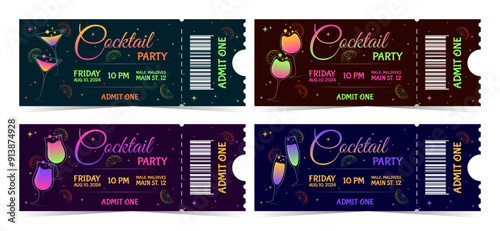 Set of Cocktail Party Invitation Tickets Design with colorful drinks, event details and admit one photo