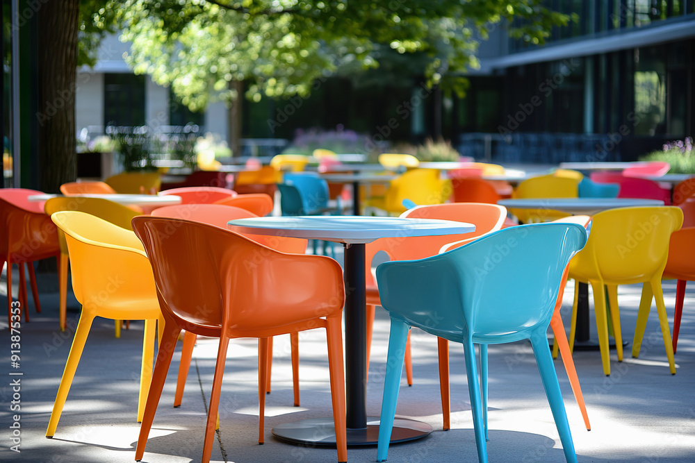 Obraz premium Brightly colored chairs surround central table in outdoor dining area