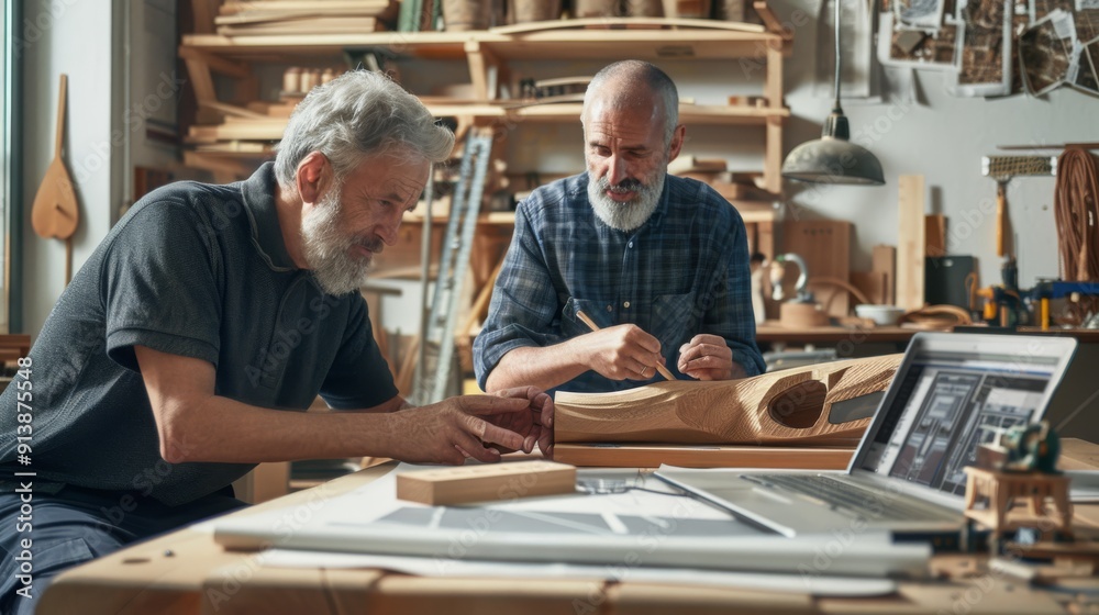 Two artisans skillfully collaborate on a woodworking project in a cozy, well-organized workshop filled with tools and materials. Two artisans skillfully collaborate on a woodworking project in a cozy, well-organized workshop filled with tools and materials.