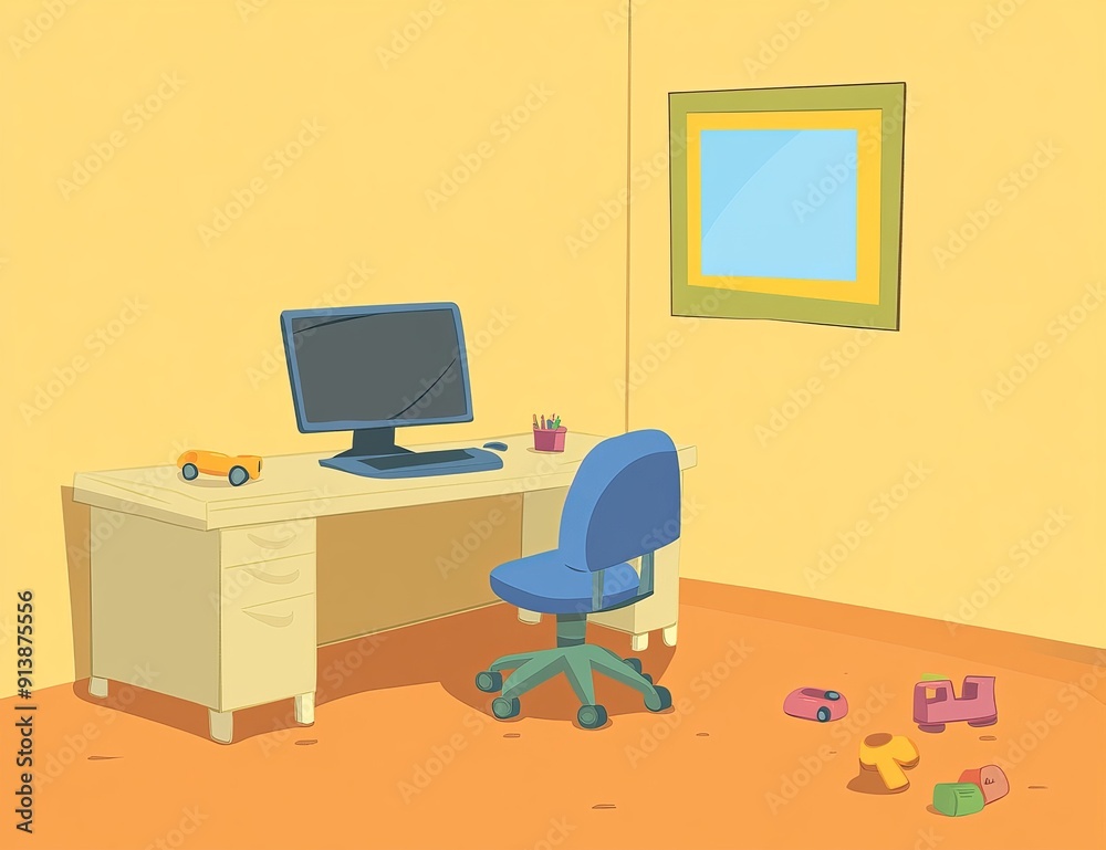 Children's toys strewn across the floor of the office desk Children's toys strewn across the floor of the office desk
