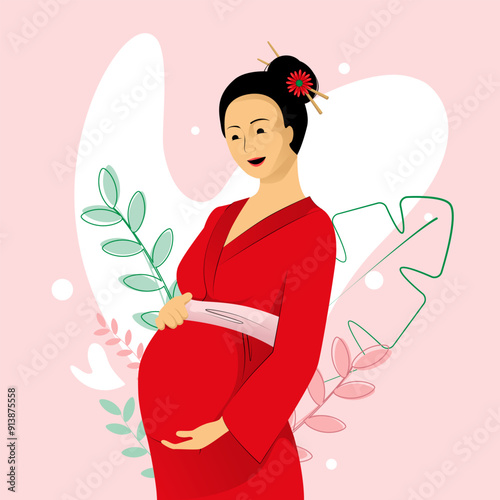 Japanese pregnant woman in red kimono tenderly holds her belly on pink floral background