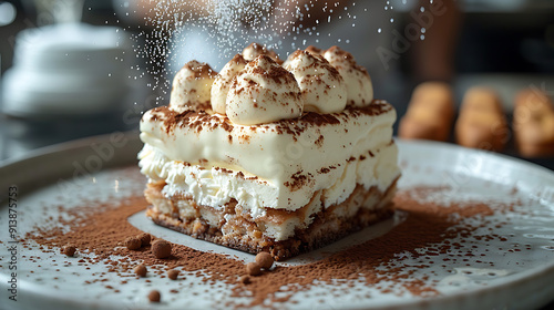 Aigenerated image of dessert inspired Tiramisu Osteria Francescana Modena famed layer of coffeesoaked ladyfingers mascarpone cream Infuse touch of Michelinstarred finesse wishes gastronomic excellence