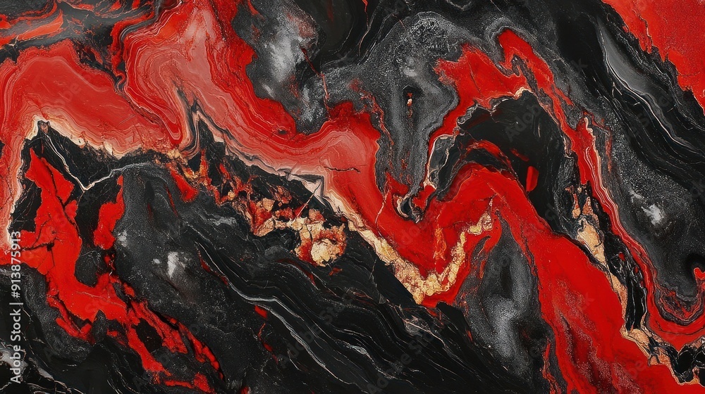 Abstract painting with red and black swirls and gold accents Abstract painting with red and black swirls and gold accents