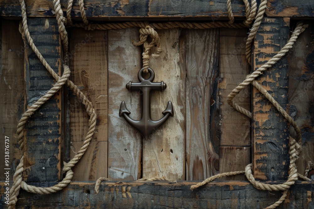An anchor is suspended from a blue door, creating a striking contrast between the metal and the vibrant color, A frame with a nautical theme, featuring ropes or anchors, AI generated An anchor is suspended from a blue door, creating a striking contrast between the metal and the vibrant color, A frame with a nautical theme, featuring ropes or anchors, AI generated