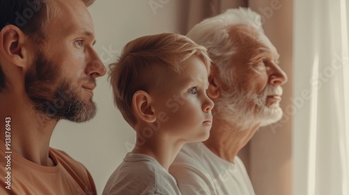 Three generations of men, deep in thought and connection, looking out of a window with contemplative expressions and a warm glow.