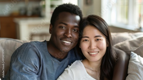 A joyful couple embraces on a cozy couch, their smiles radiating warmth and love in a sunlit room.