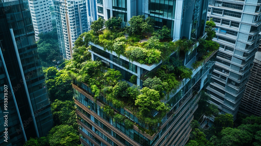 Modern Skyscraper with Greenery and Glass Windows Modern Skyscraper with Greenery and Glass Windows