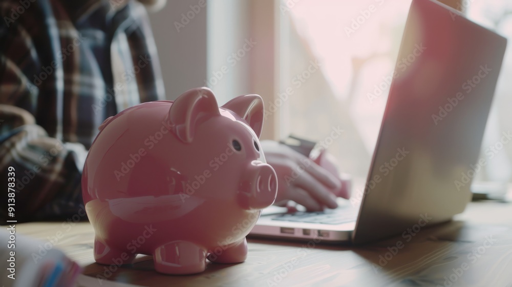 A pink piggy bank and a person using a laptop in a cozy, sunlit setting, illustrating themes of savings and financial planning. A pink piggy bank and a person using a laptop in a cozy, sunlit setting, illustrating themes of savings and financial planning.