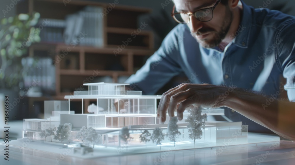A person working on a large interactive table with architectural models, indicating detailed planning and designing of modern urban structures.