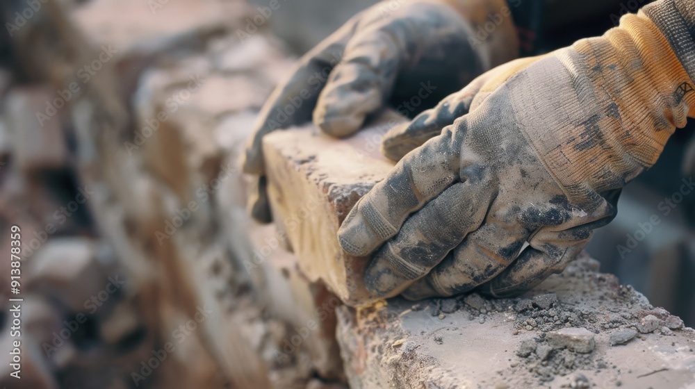 Close-up of gloved hands skillfully placing a brick on a neatly arranged wall in the process of construction. Close-up of gloved hands skillfully placing a brick on a neatly arranged wall in the process of construction.