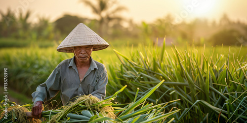 A farmer in a conical hat works in a corn field during the harvest season.