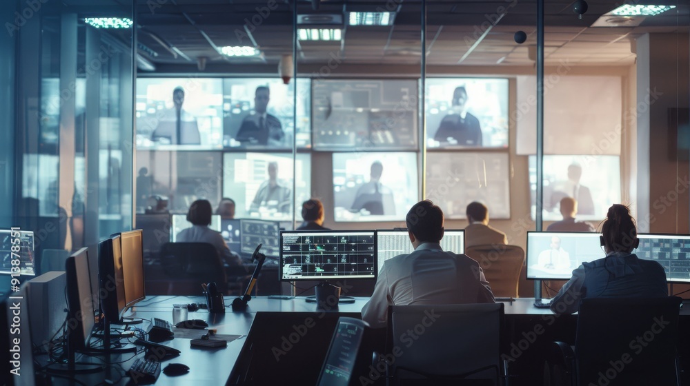 Obraz premium A modern control room with people working on multiple computer screens, showing a high-tech environment focused on coordination and surveillance.