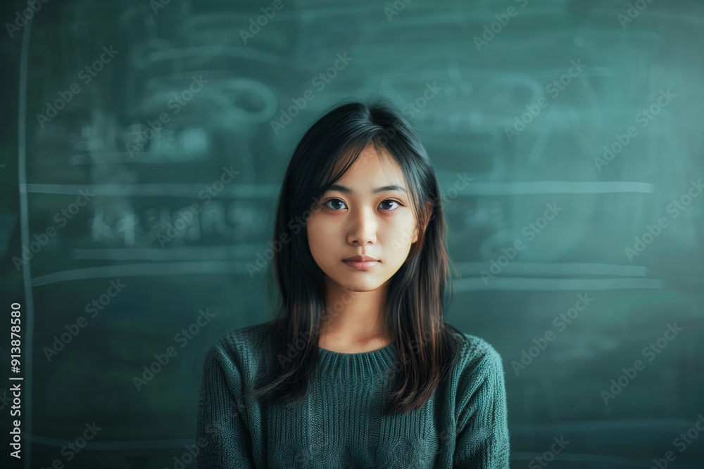 Pensive student in front of blackboard in classroom Pensive student in front of blackboard in classroom