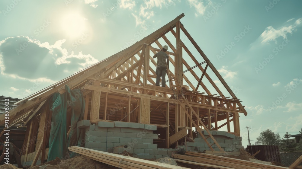 Fototapeta premium A construction worker stands on a roof frame during a sunny day, with a partially built house and open sky in the background.