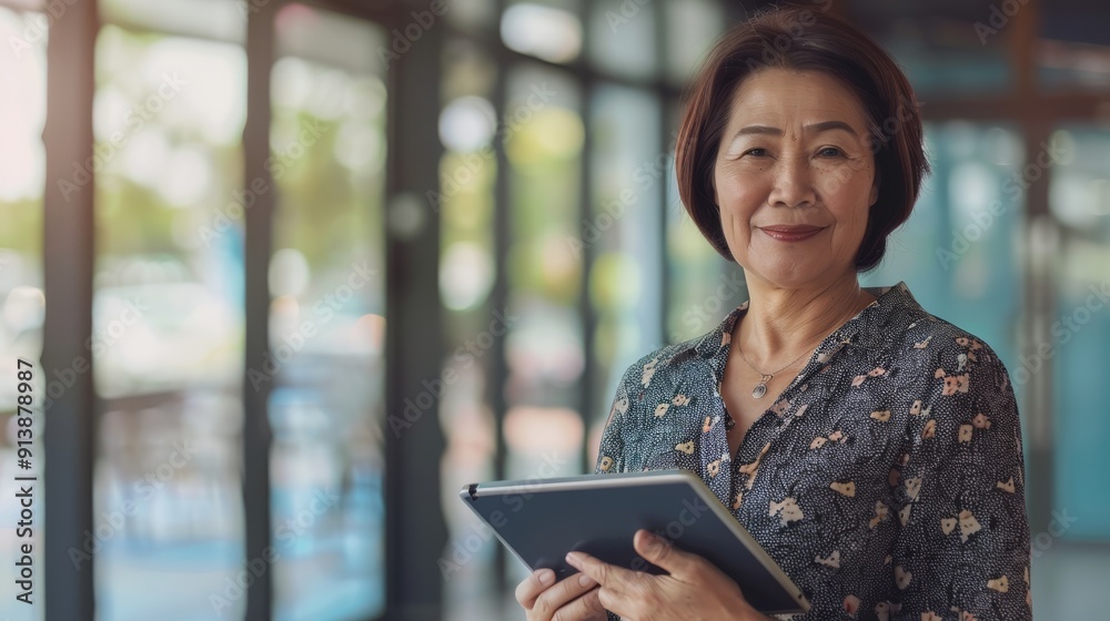 A mature woman in a patterned blouse holds a tablet, exuding a poised and dignified presence in a bright, glass-walled office. A mature woman in a patterned blouse holds a tablet, exuding a poised and dignified presence in a bright, glass-walled office.