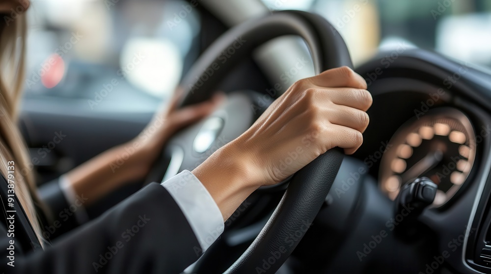 Businesswoman s hand on a steering wheel, close-up, symbolizing control and success, no face shown Businesswoman s hand on a steering wheel, close-up, symbolizing control and success, no face shown