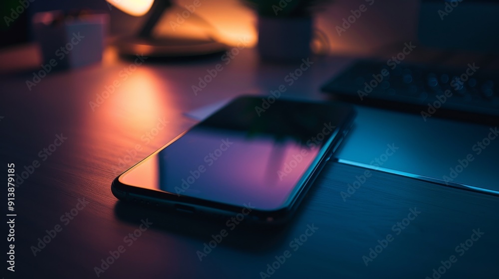 A sleek smartphone on a modern desk with ambient mood lighting, casting reflections and showcasing a blend of technology and style. A sleek smartphone on a modern desk with ambient mood lighting, casting reflections and showcasing a blend of technology and style.