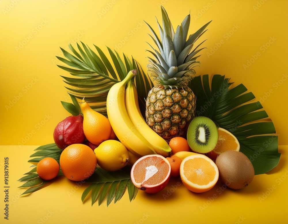Tropical Fruit Medley on a Vibrant Yellow Background Tropical Fruit Medley on a Vibrant Yellow Background