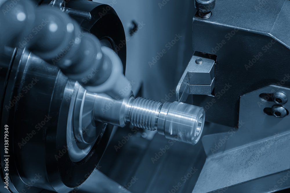 Close up scene the CNC lathe machine swiss type slot cutting at the end of pipe coupling parts. Close up scene the CNC lathe machine swiss type slot cutting at the end of pipe coupling parts.