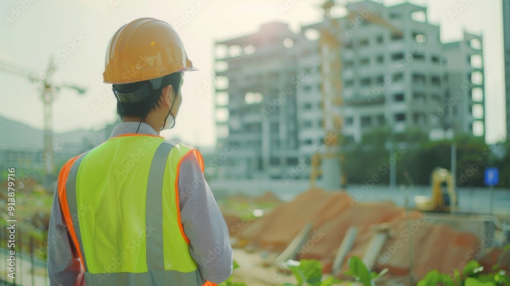 A construction worker in a safety vest and hard hat overlooks a large building site in bright daylight. A construction worker in a safety vest and hard hat overlooks a large building site in bright daylight.